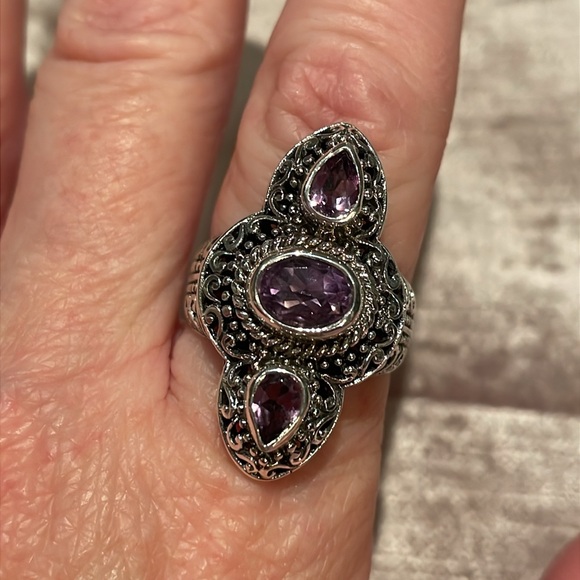 Purple Amethyst Sterling Silver Ring 925 Ornate Setting Size 8 - Picture 2 of 10